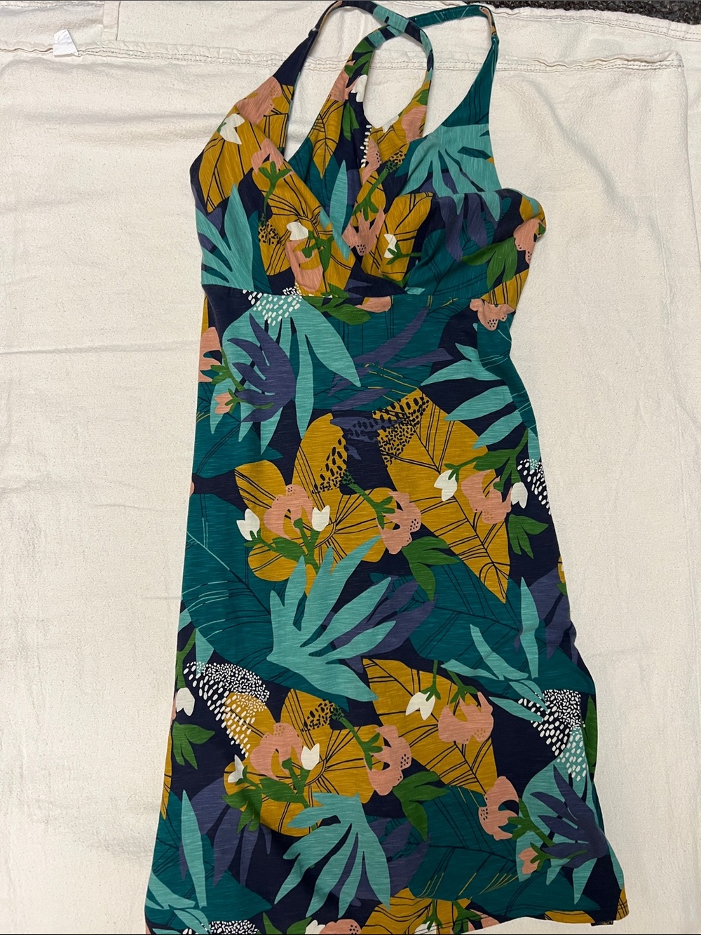 Patagonia Teal & Mustard Tropical Halter Midi Dress